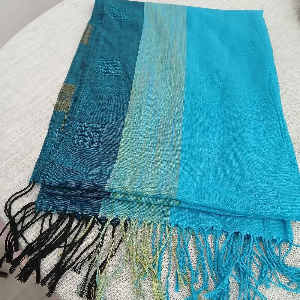 Woven Aqua, Blue Green and Black Long Scarf Shawl